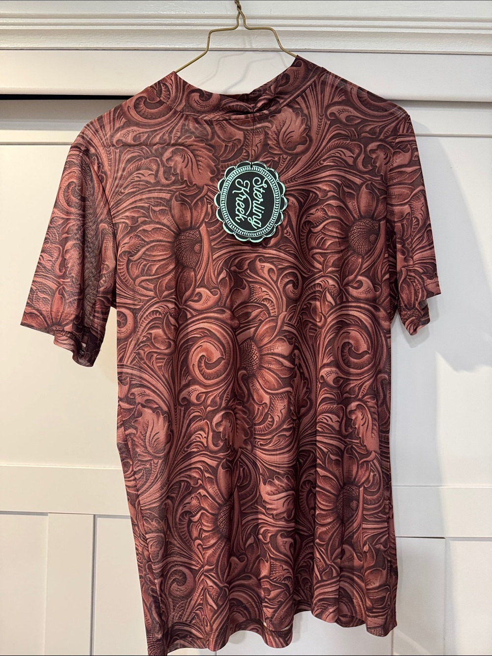 NWT Sterling Kreek tooled leather mesh T-Shirt